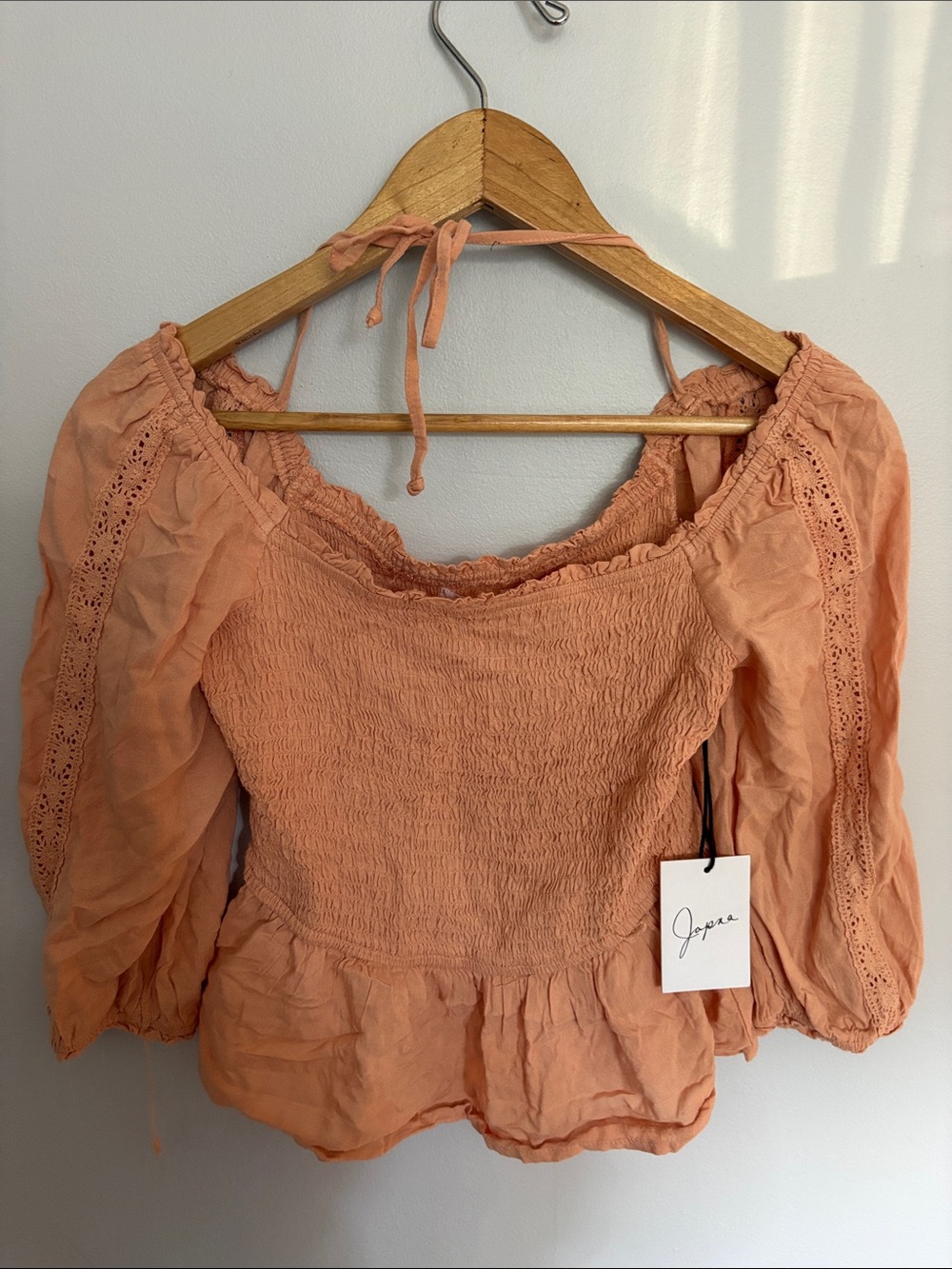 Japna Peach Smocked Peplum Blouse with Lace-Trim Balloon Sleeves